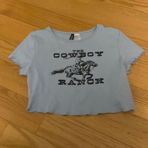 blue cowboy ranch cropped short sleeve top